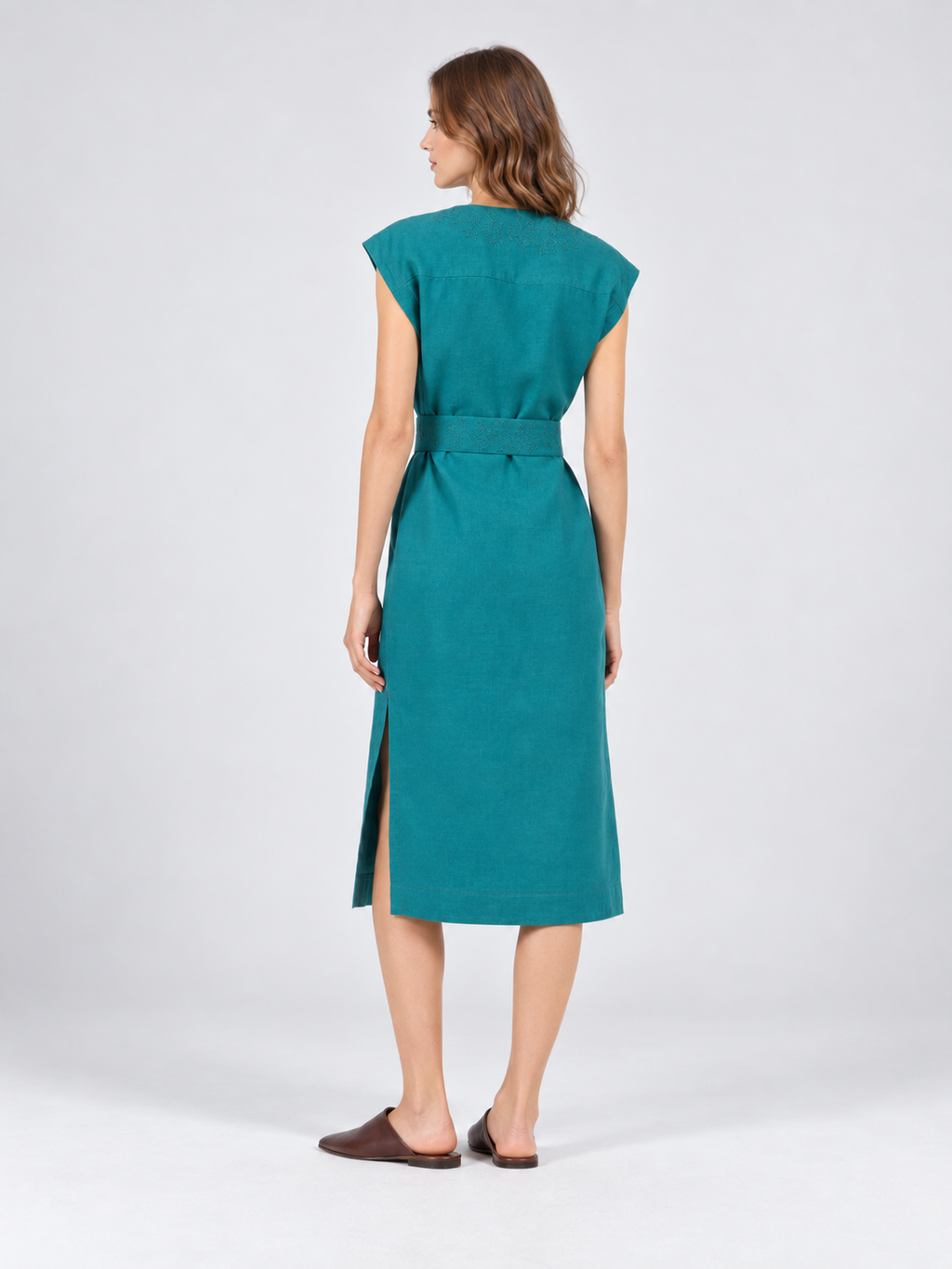 Embroidered Belted Midi Dress