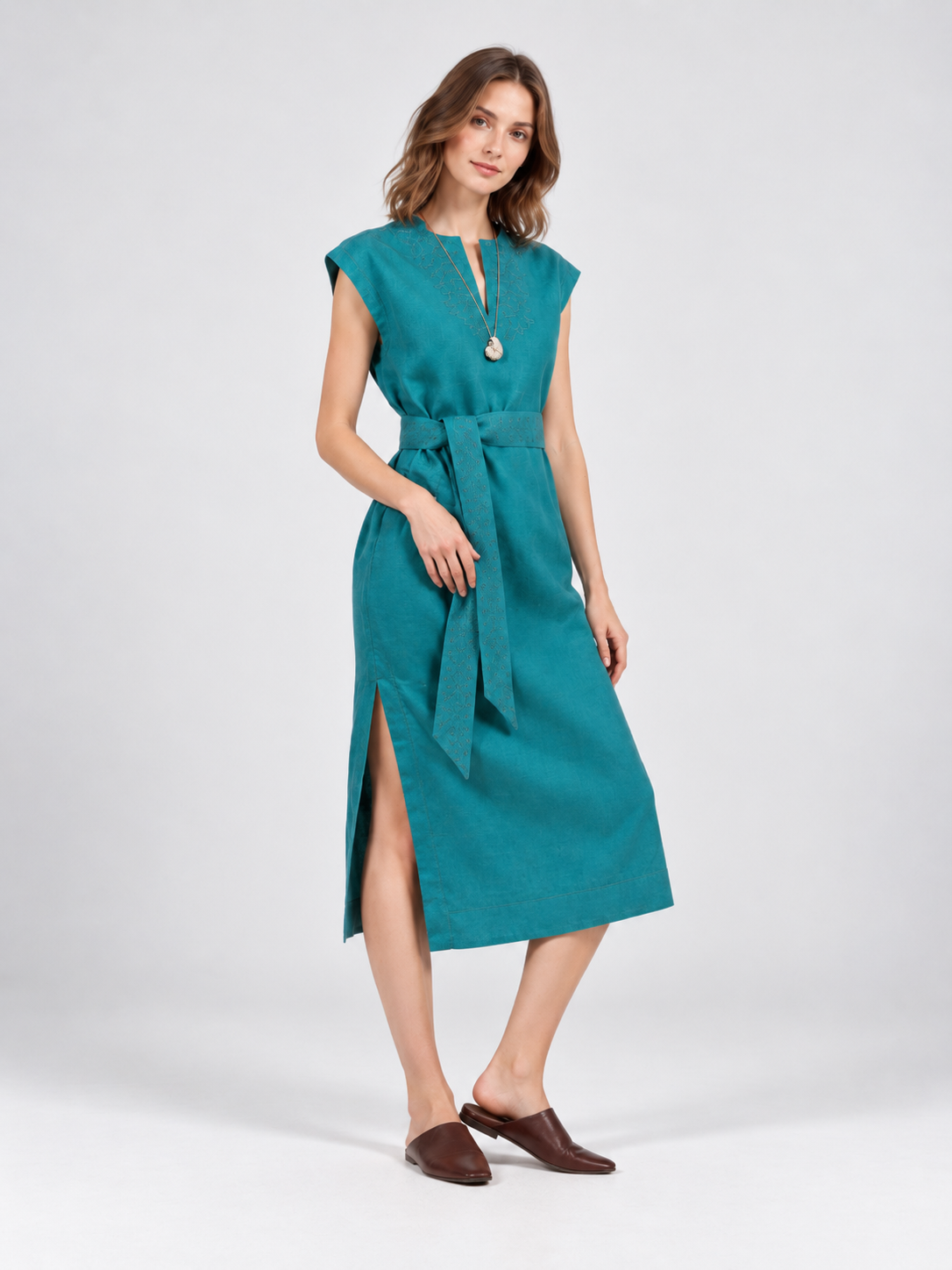 Embroidered Belted Midi Dress