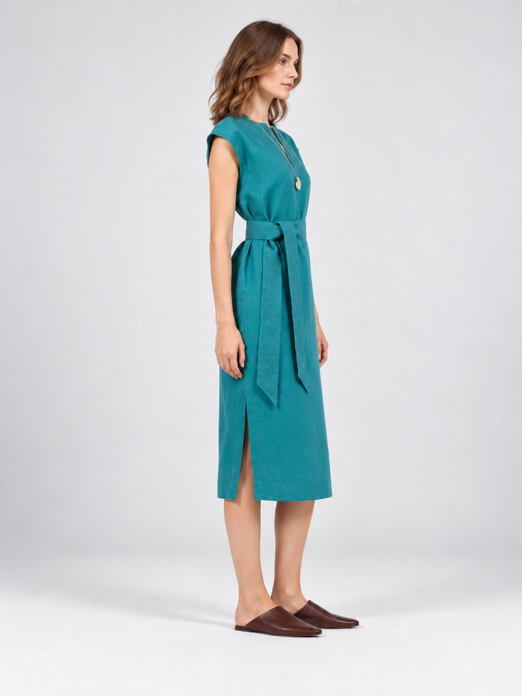Embroidered Belted Midi Dress