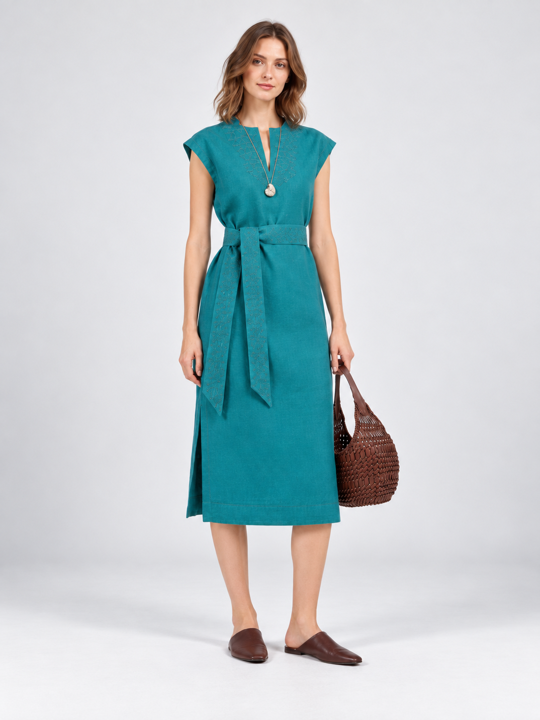 Embroidered Belted Midi Dress