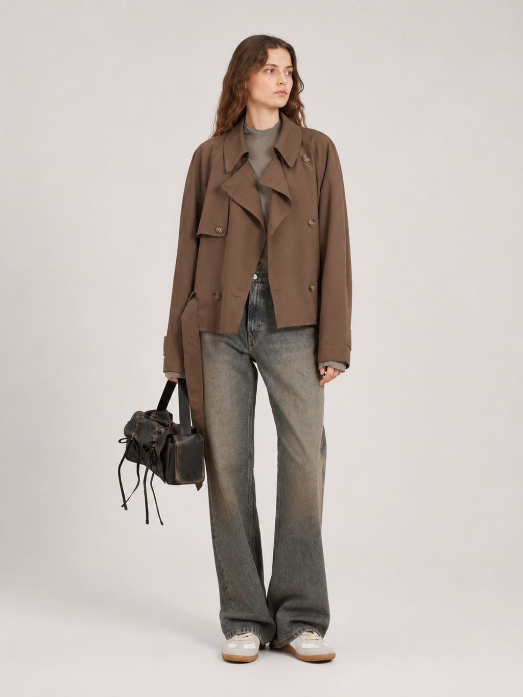 Belted Double Breasted Cropped Trench Jacket