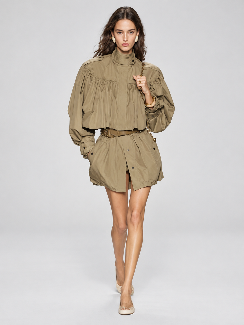 Elegant Cropped Trench Jacket with Ruffle Detail