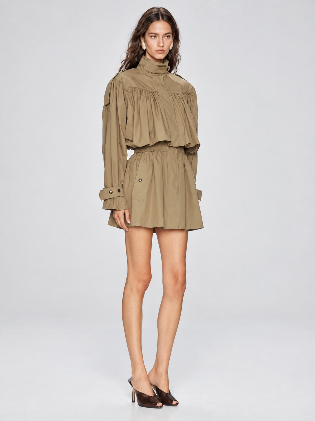 Elegant Cropped Trench Jacket with Ruffle Detail