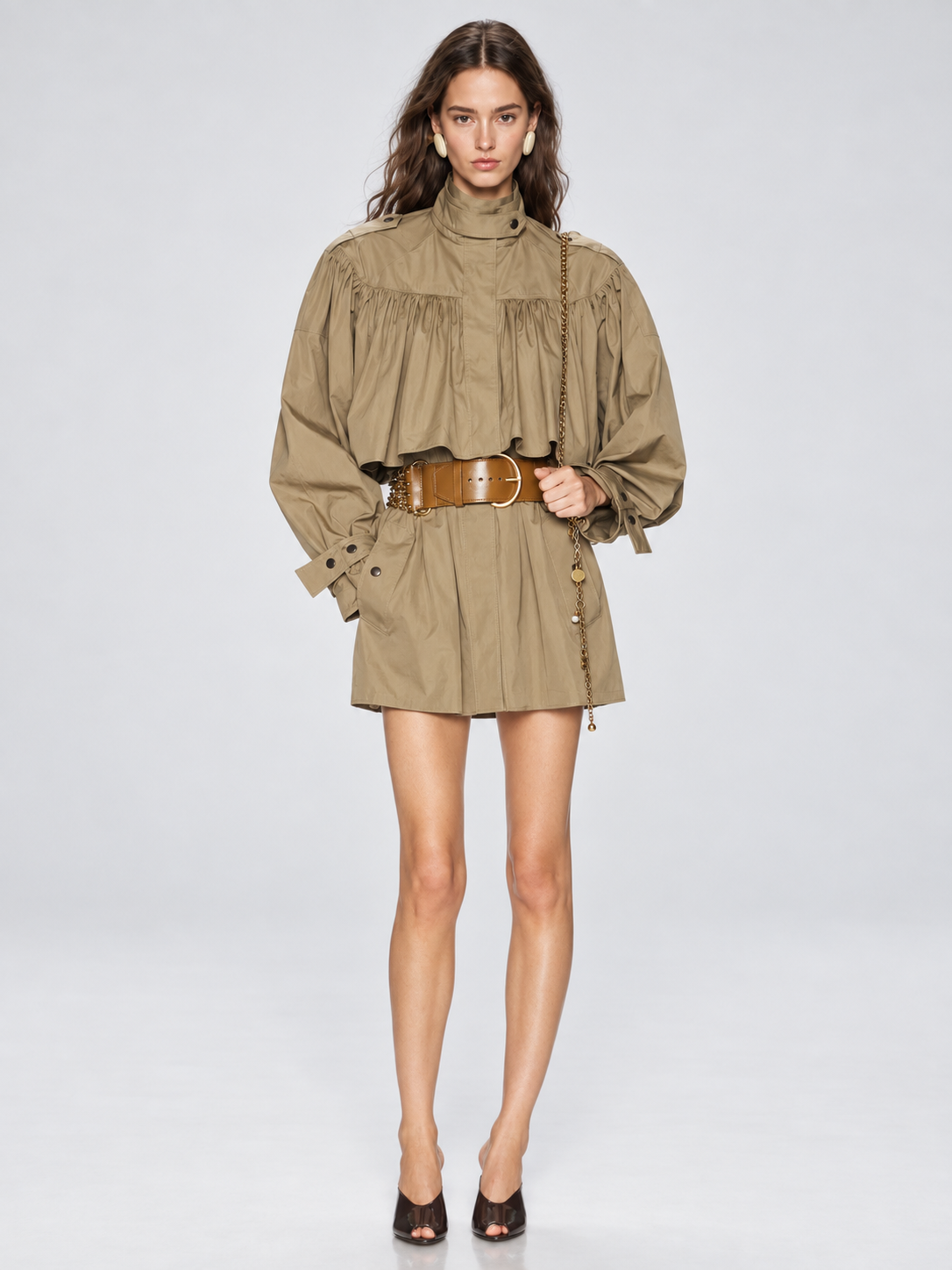 Elegant Cropped Trench Jacket with Ruffle Detail