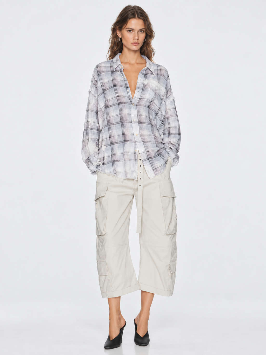 Distressed Plaid Oversized Shirt