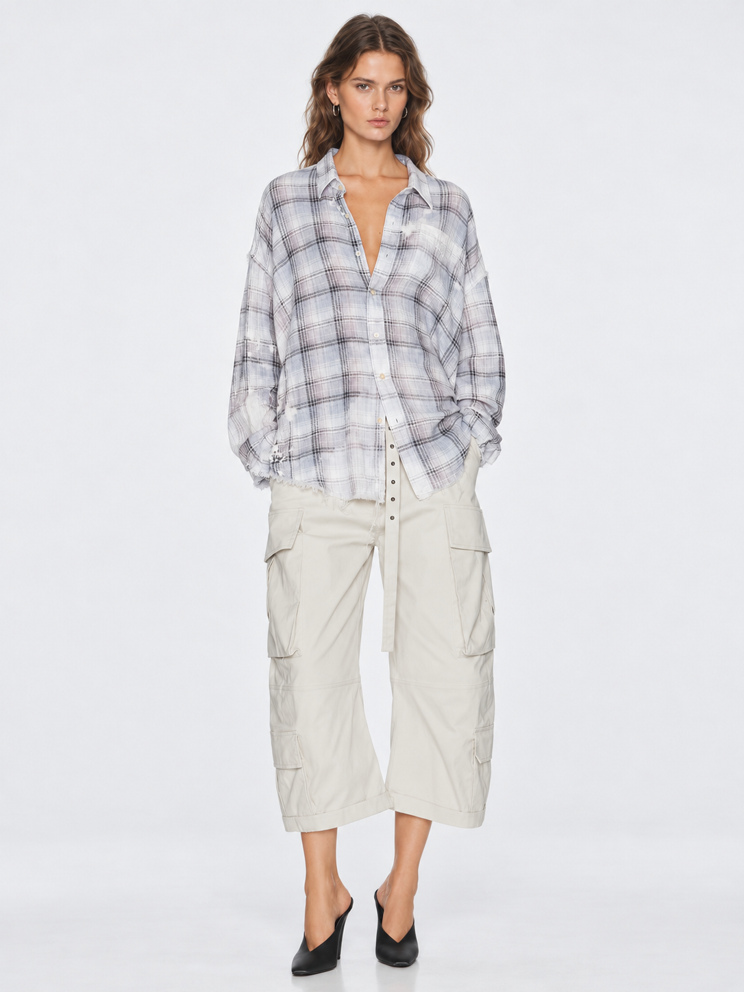 Distressed Plaid Oversized Shirt