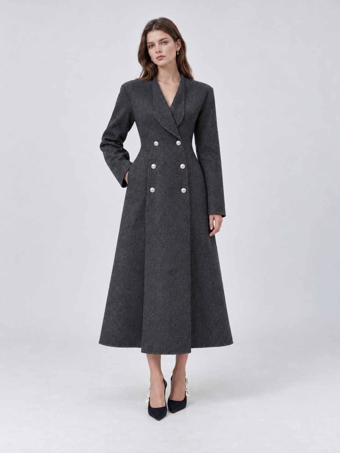 Elegant Double Breasted Long Trench Coat with Tailored Silhouette