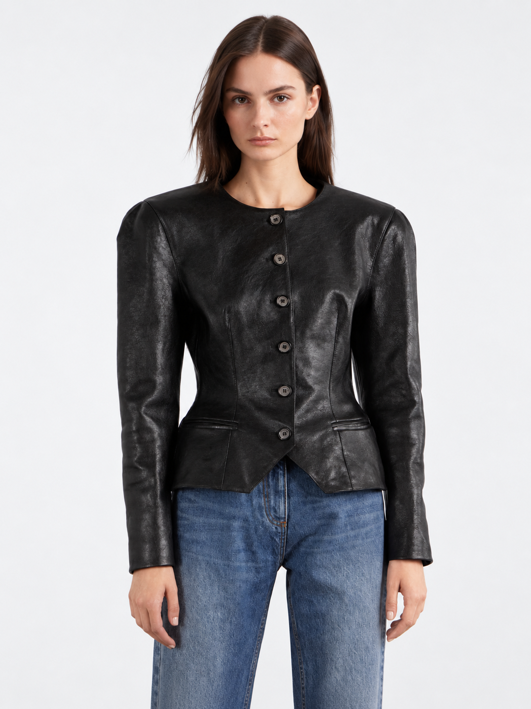 Faux Leather Tailored Peplum Jacket