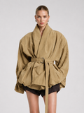 Belted Shawl-Collar Balloon Jacket