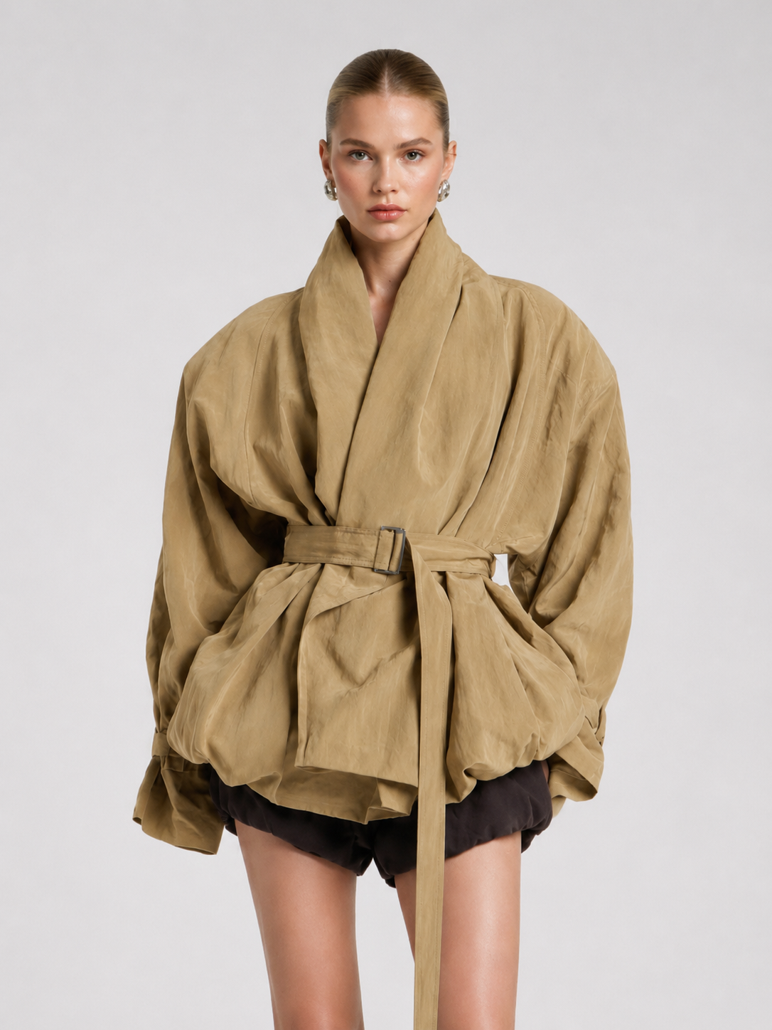 Belted Shawl-Collar Balloon Jacket