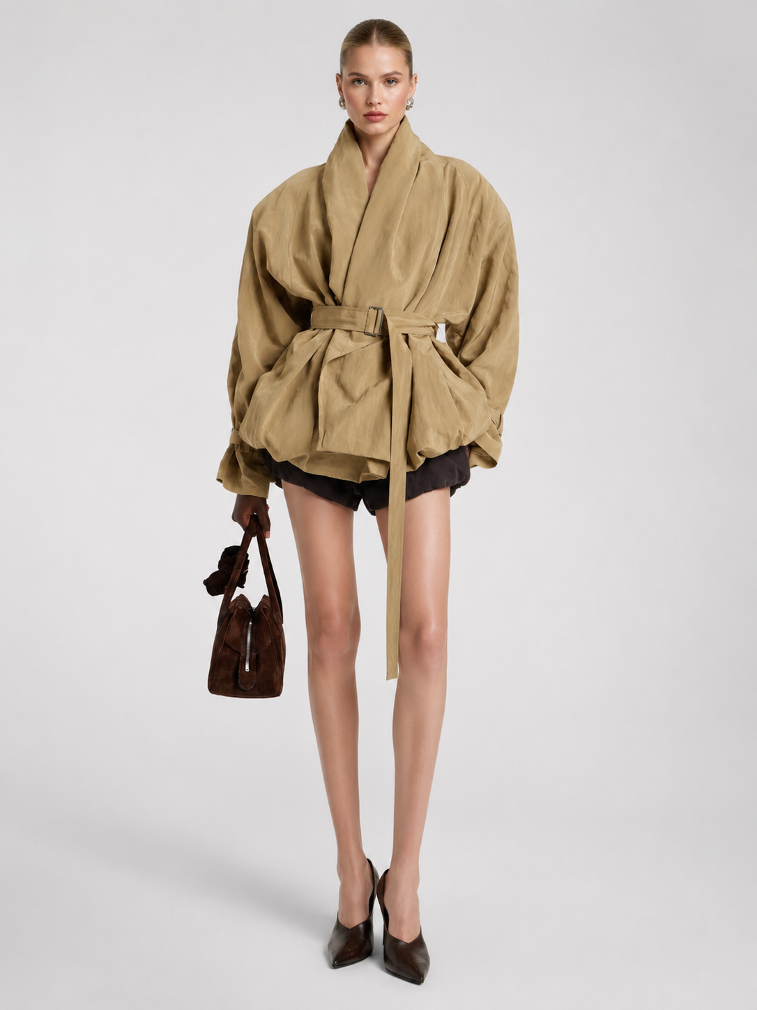 Belted Shawl-Collar Balloon Jacket