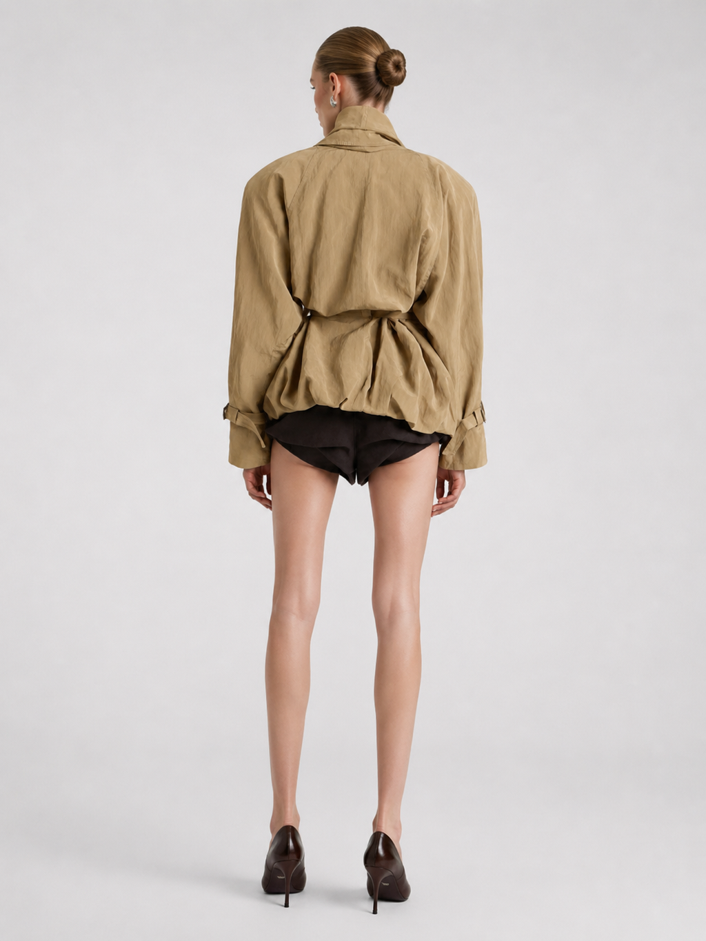 Belted Shawl-Collar Balloon Jacket