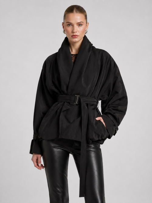 Belted Shawl-Collar Balloon Jacket