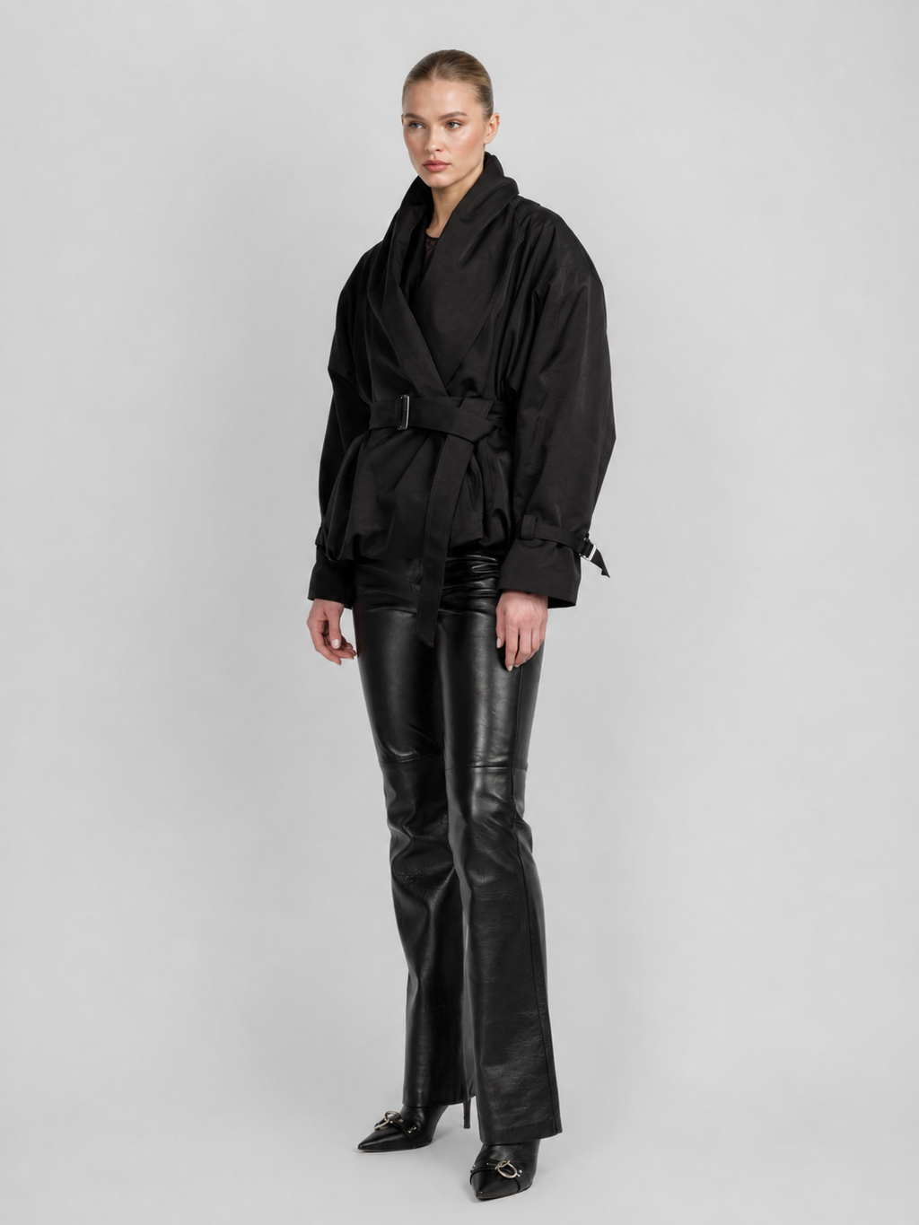 Belted Shawl-Collar Balloon Jacket