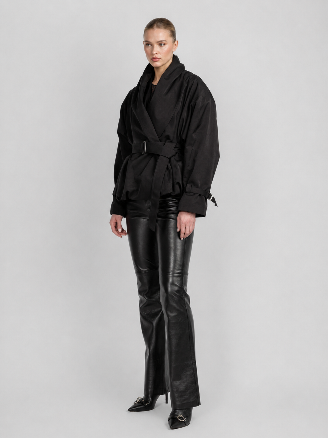 Belted Shawl-Collar Balloon Jacket