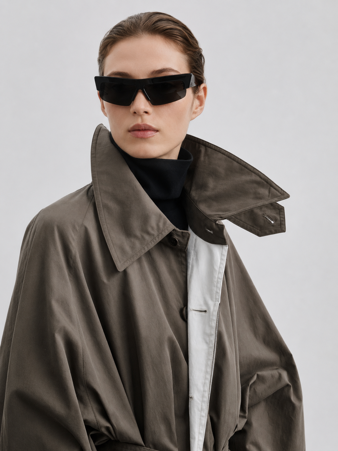 Oversized Belted High-Collar Trench Coat