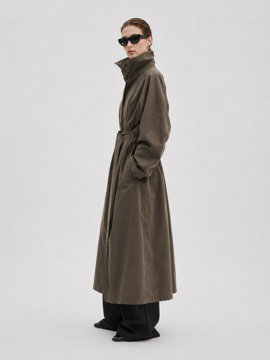 Oversized Belted High-Collar Trench Coat