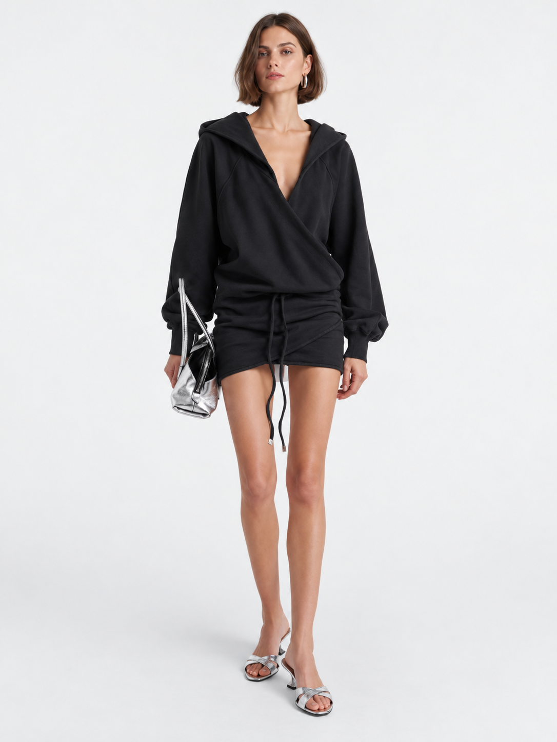 Hooded Wrap Mini Dress with Belt
