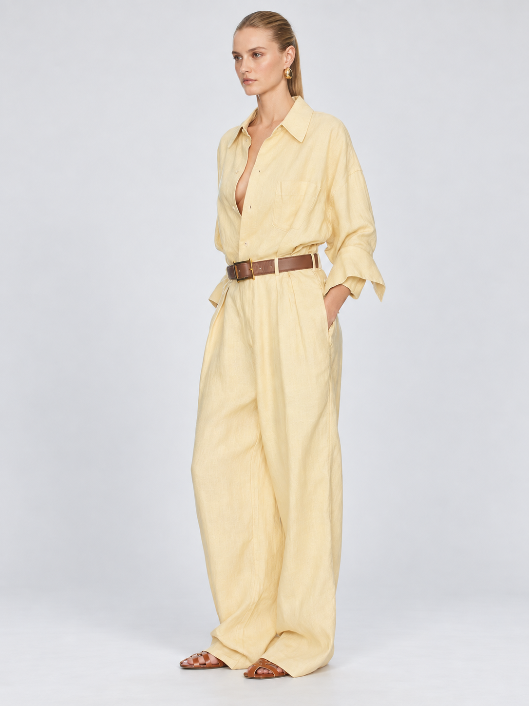 Linen Blend Belted Jumpsuit