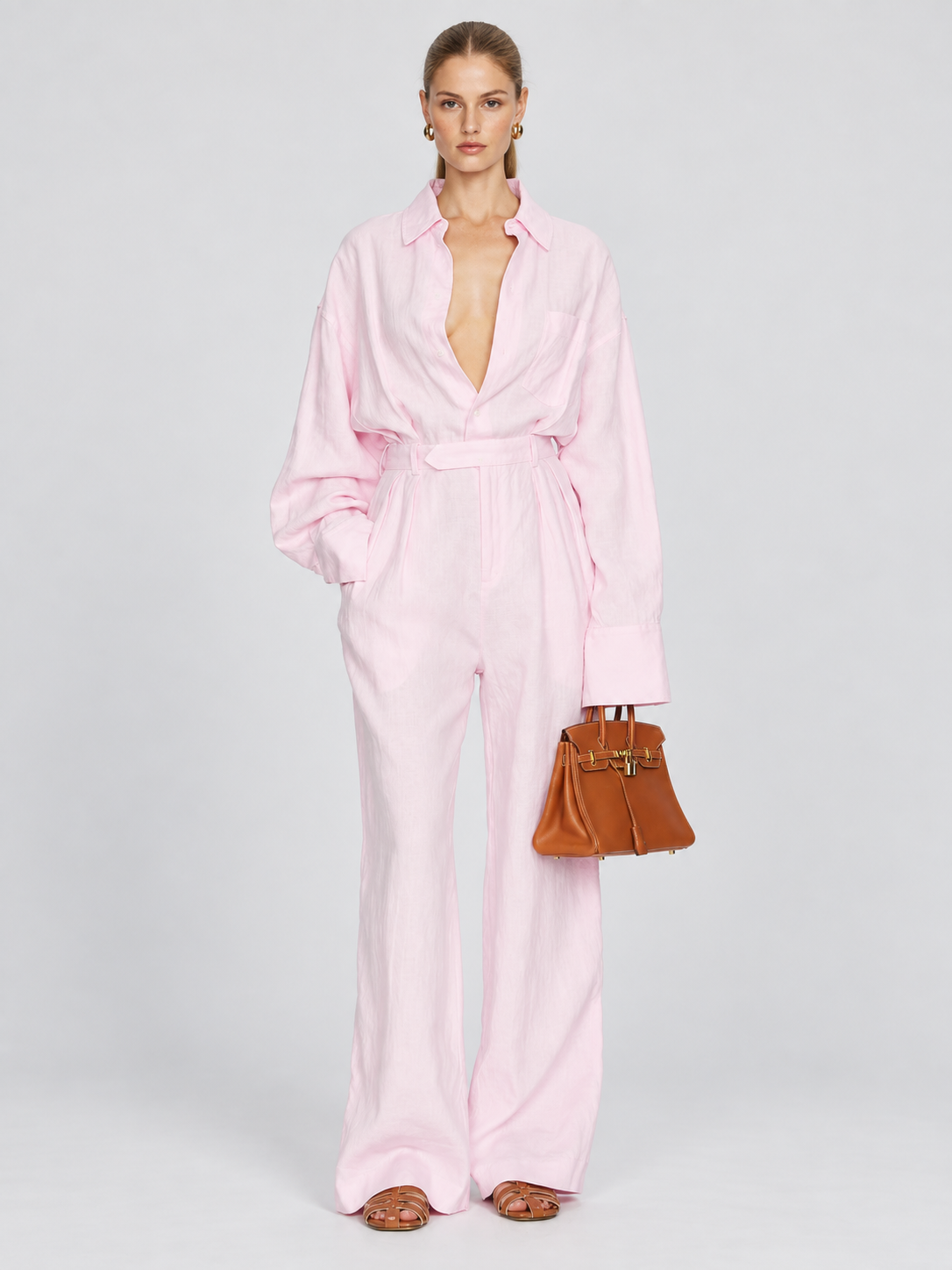 Linen Blend Belted Jumpsuit
