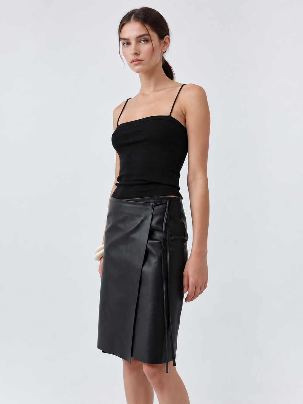 High Waist Faux Leather A-Line Midi Skirt
