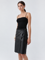 High Waist Faux Leather A-Line Midi Skirt