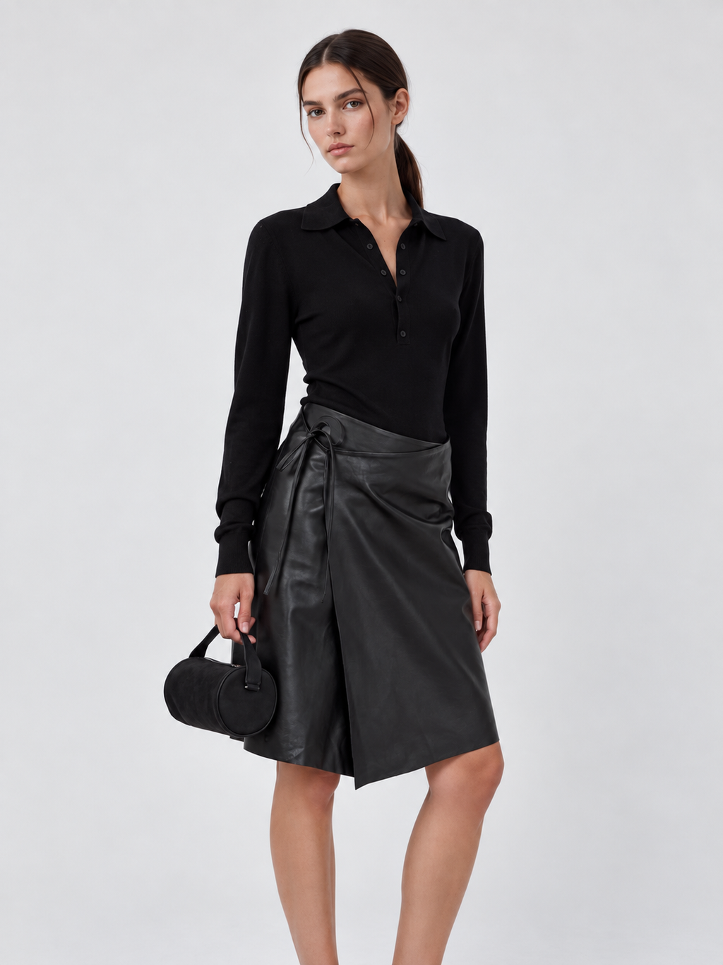 High Waist Faux Leather A-Line Midi Skirt