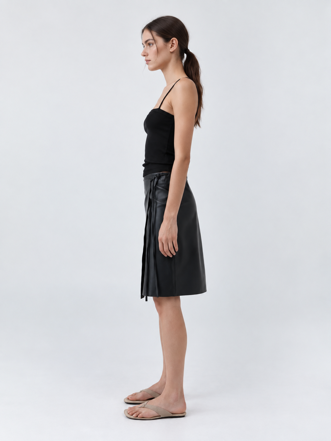 High Waist Faux Leather A-Line Midi Skirt