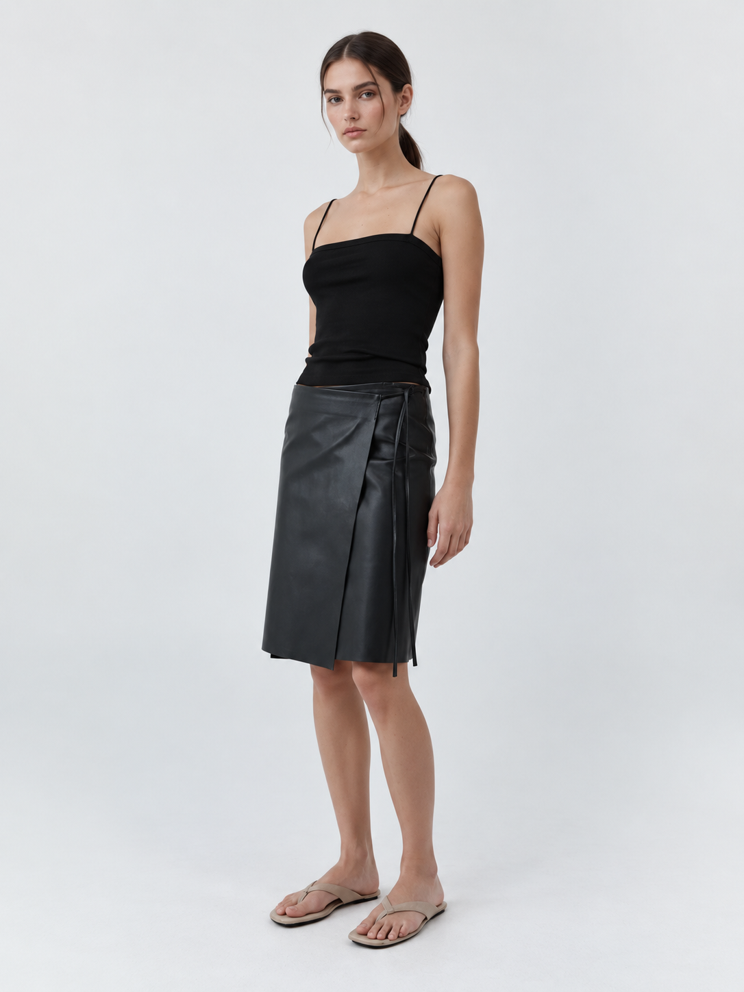 High Waist Faux Leather A-Line Midi Skirt