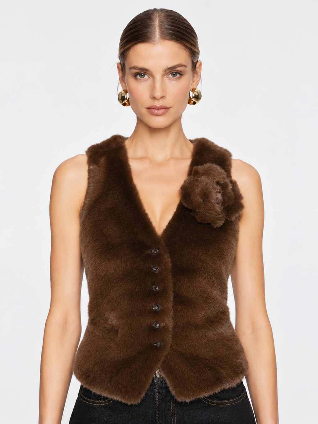 Luxury Faux Fur Vest with Floral Detail
