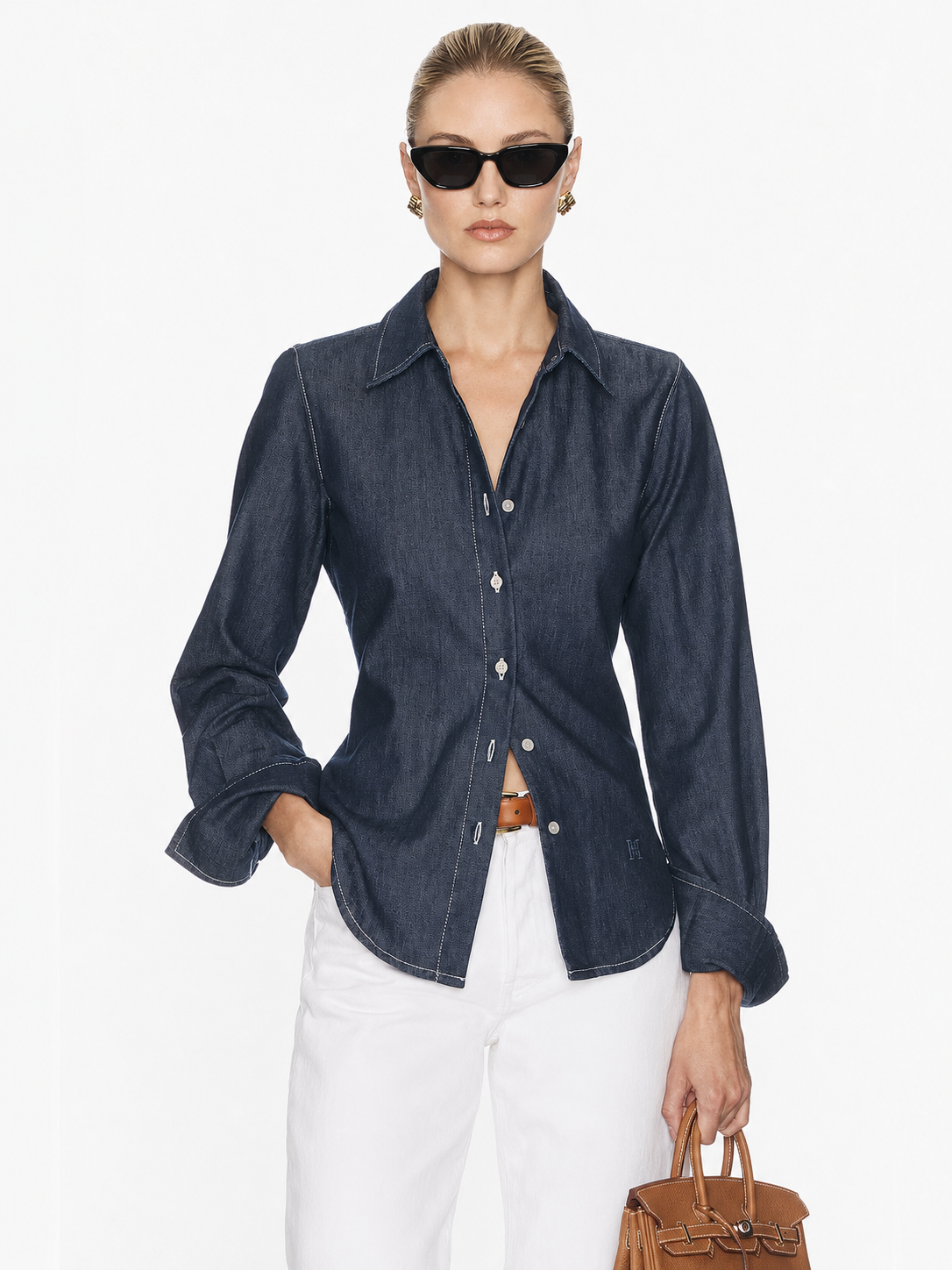Vintage Denim Jacquard Shirt with Floral Detail
