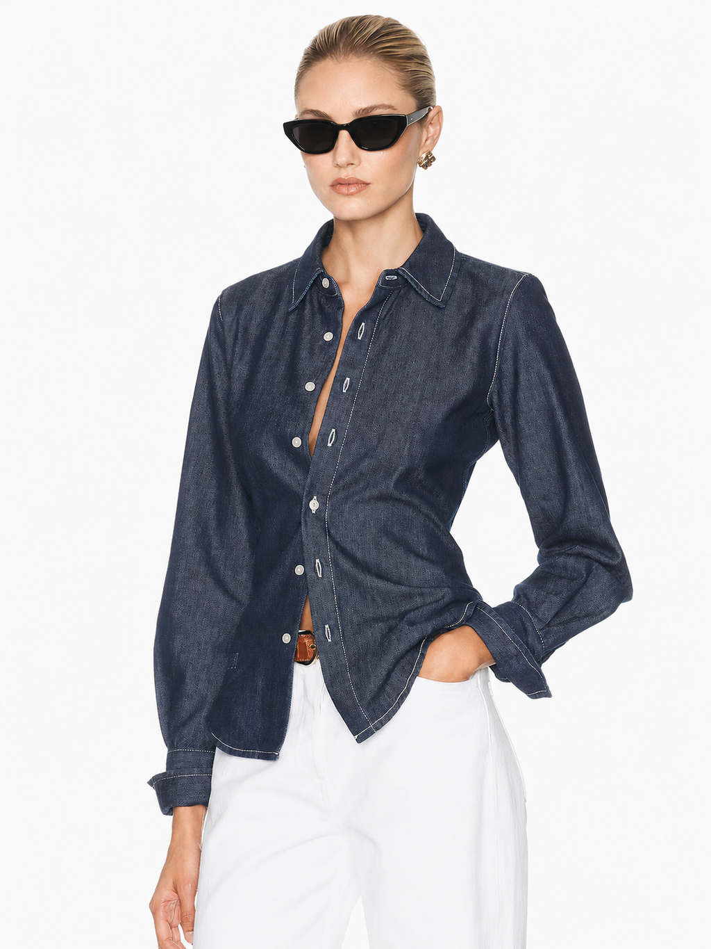 Vintage Denim Jacquard Shirt with Floral Detail