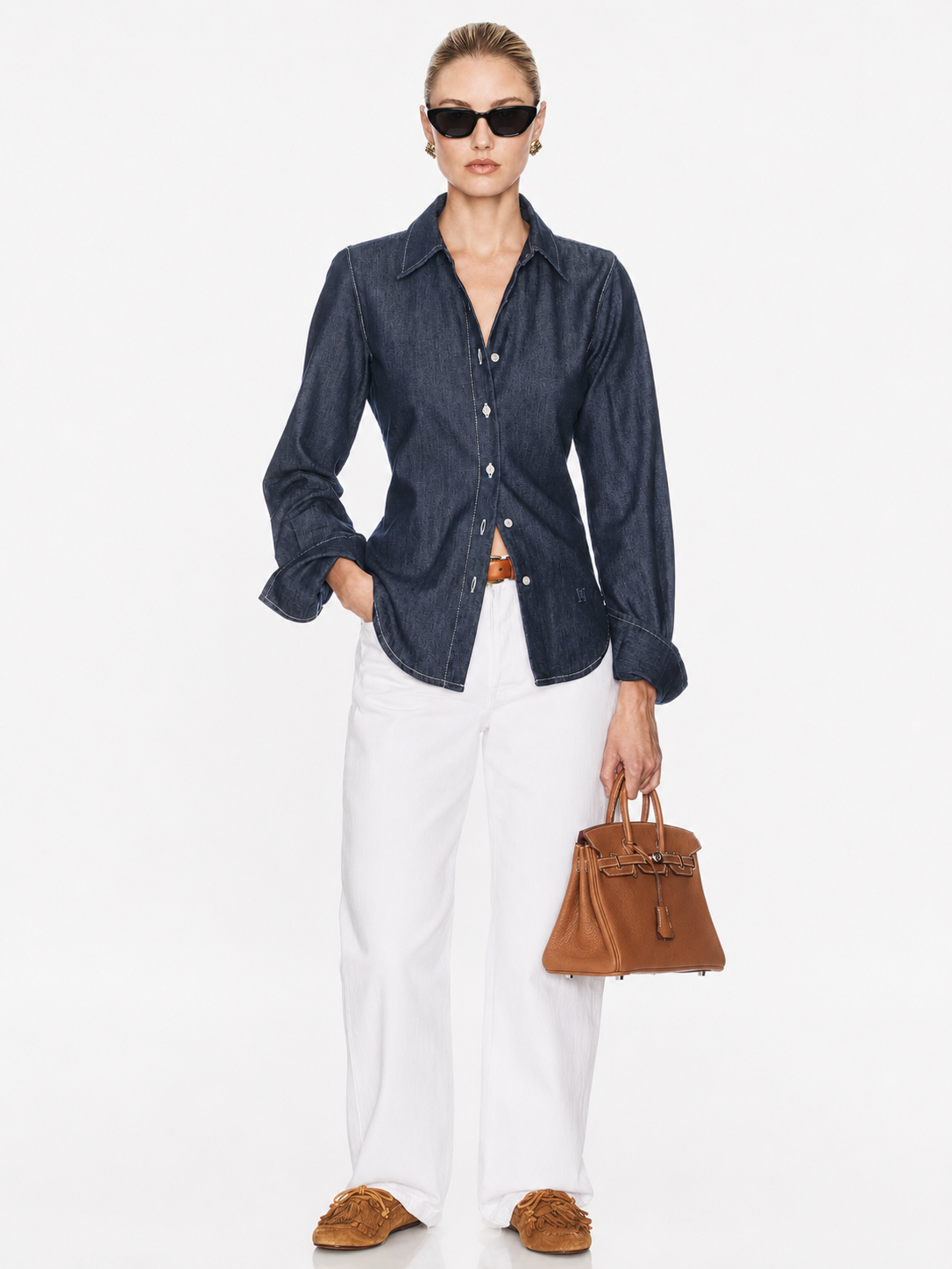 Vintage Denim Jacquard Shirt with Floral Detail