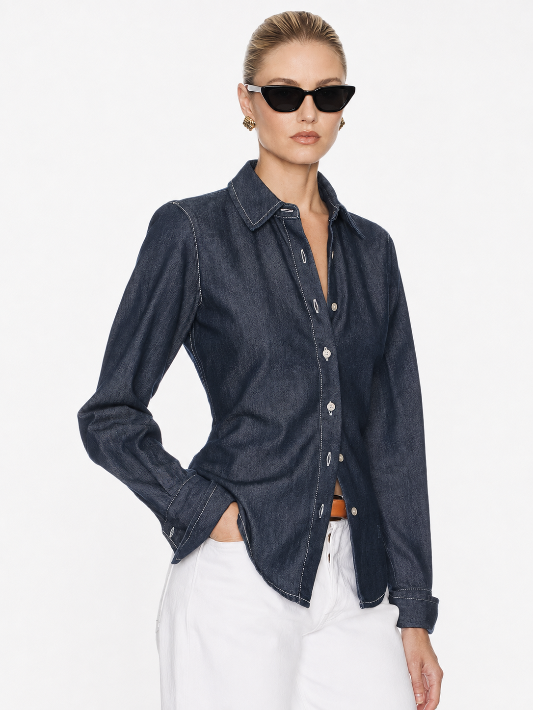 Vintage Denim Jacquard Shirt with Floral Detail