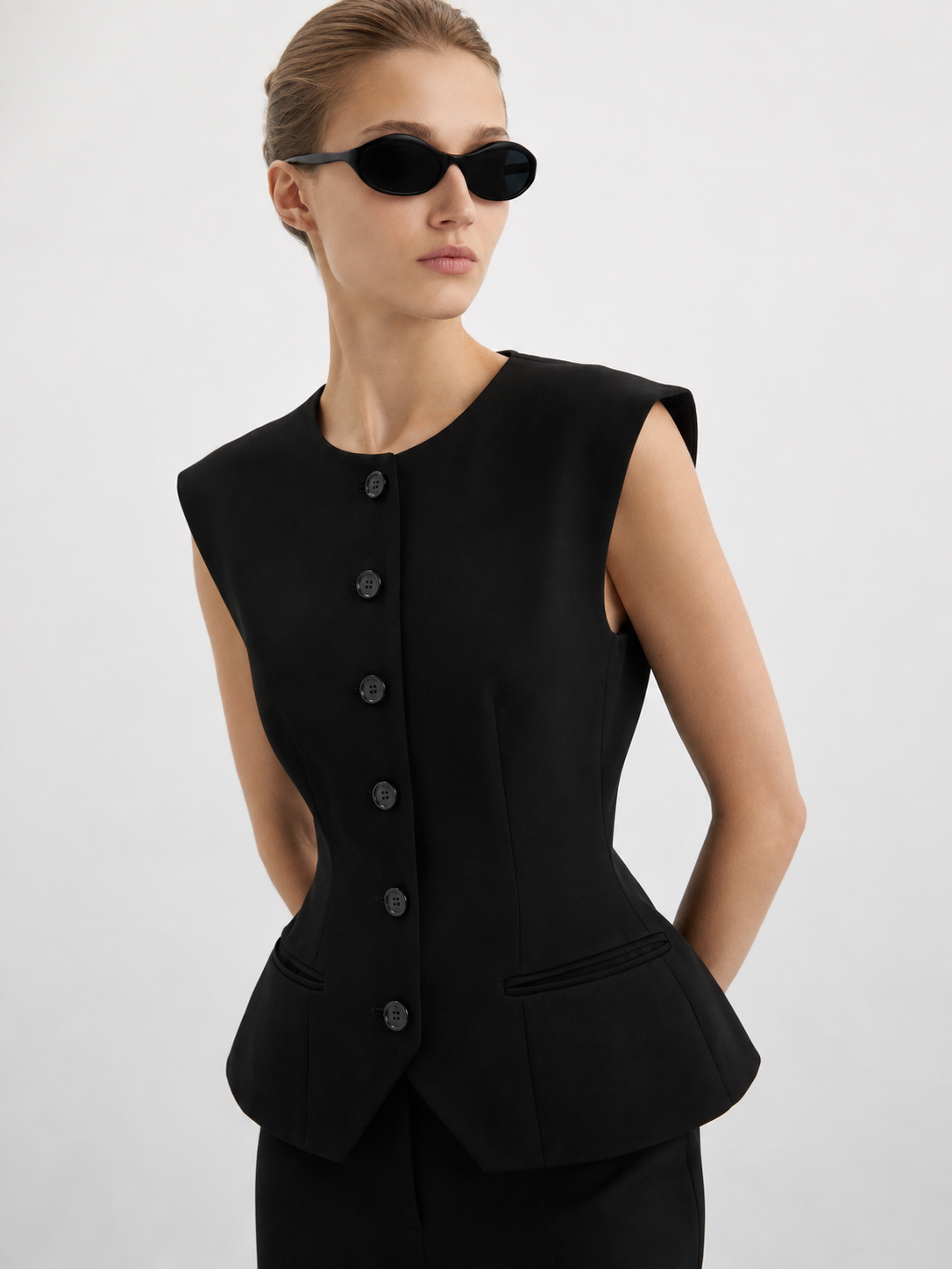 Structured Button-Front Peplum Vest Top