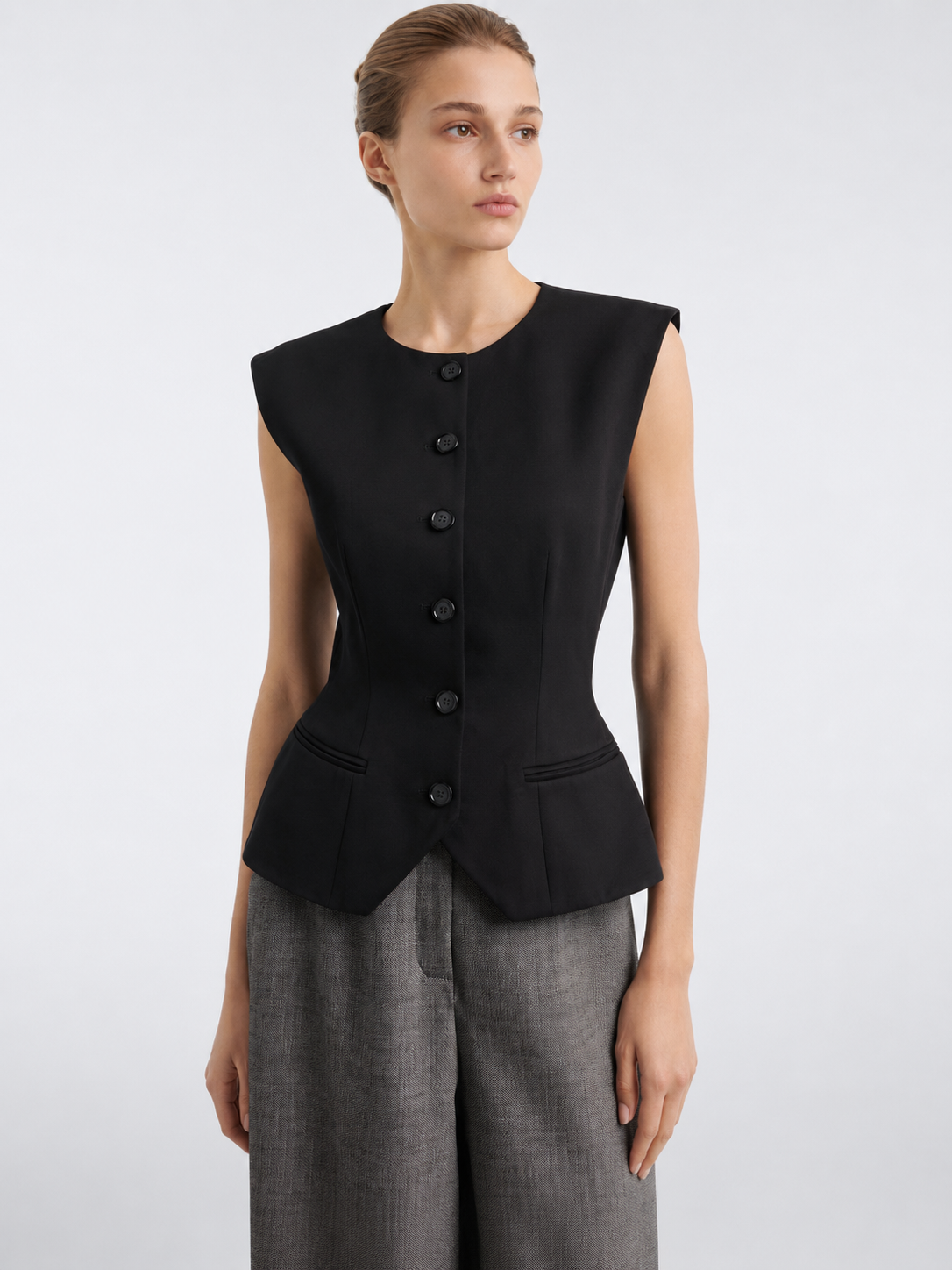 Structured Button-Front Peplum Vest Top