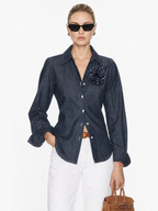 Vintage Denim Jacquard Shirt with Floral Detail