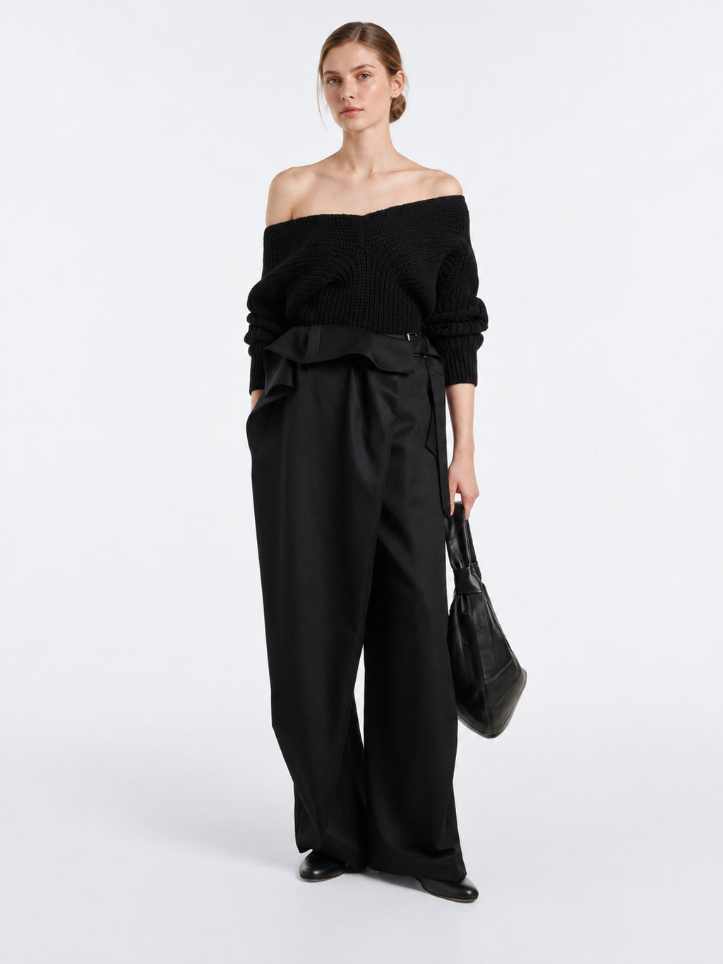 Off-Shoulder V-Neck Wool Knit Sweater
