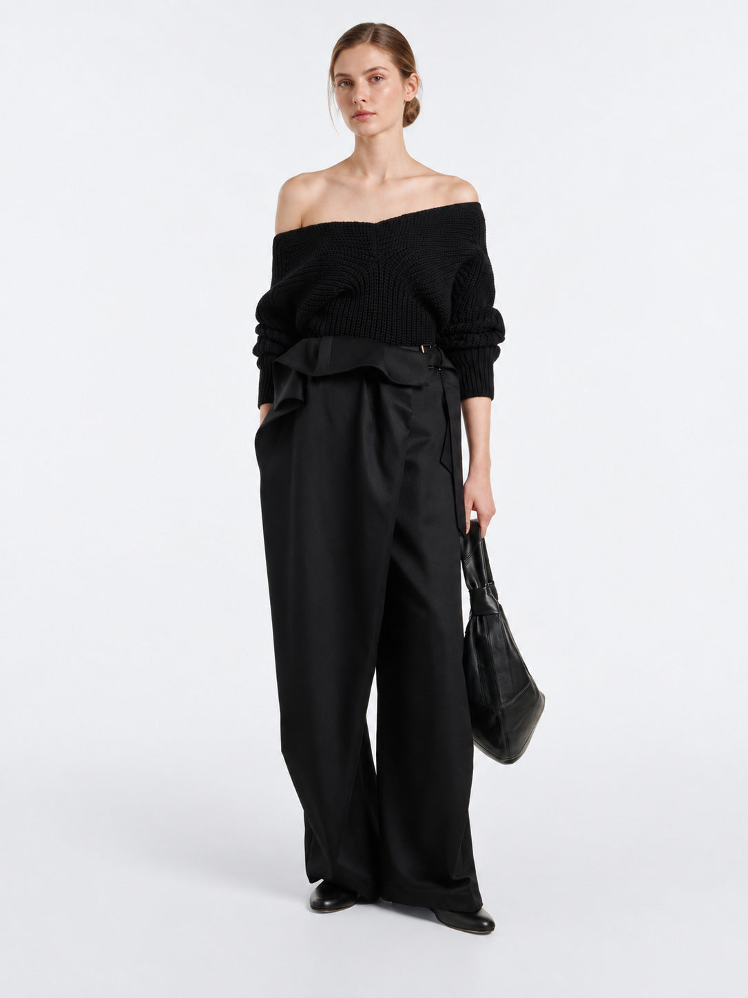Off-Shoulder V-Neck Wool Knit Sweater