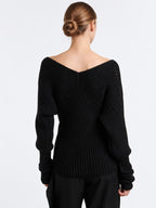 Off-Shoulder V-Neck Wool Knit Sweater