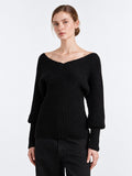 Off-Shoulder V-Neck Wool Knit Sweater