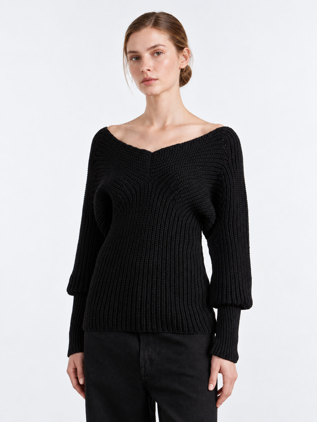 Off-Shoulder V-Neck Wool Knit Sweater