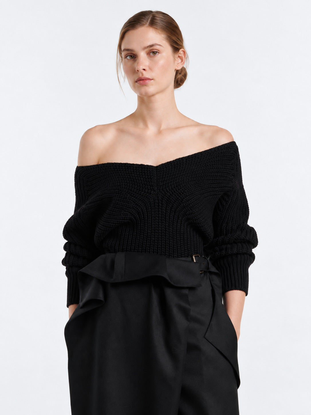Off-Shoulder V-Neck Wool Knit Sweater