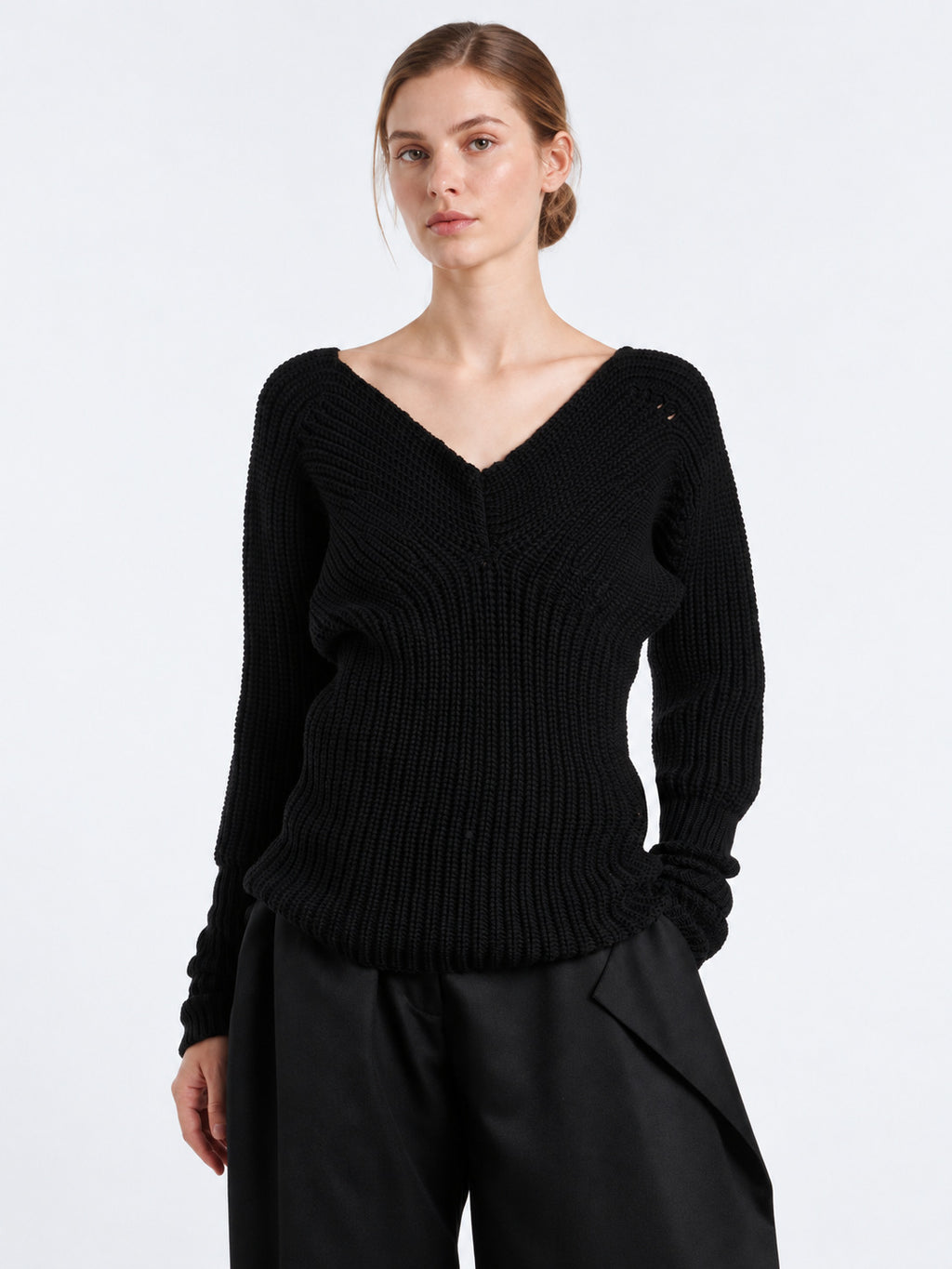 Off-Shoulder V-Neck Wool Knit Sweater