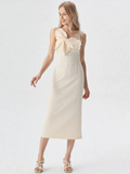 Off-Center Large Bow Fitted Sheath Midi Dress