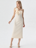 Off-Center Large Bow Fitted Sheath Midi Dress