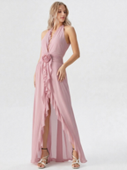 Deep V Ruffle Trim High Slit Party Gown