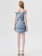 Off Shoulder Ruched Denim Mini Dress
