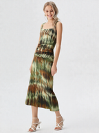 Tie Dye Square Neck Ruched Maxi Dress