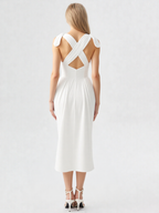 White Chiffon Bow-Strap Midi Dress